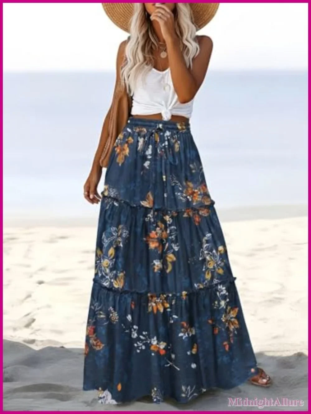 Womens High Waist Boho Maxi Skirt Floral Printed Long Flowy with Pockets